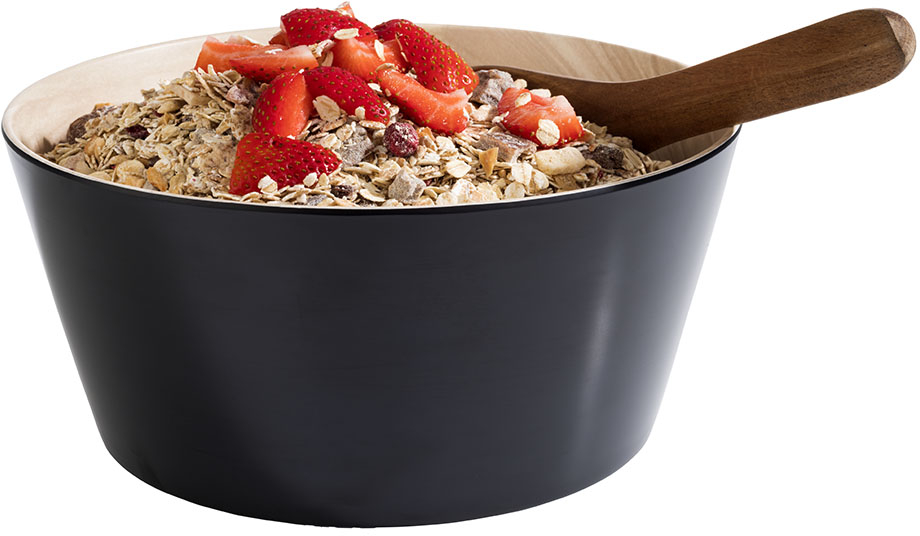 Schale -FRIDA- Ø 22 cm, H: 10,5 cm Melamin innen: Holzoptik außen: schwarz mit Antirutsch-Füßchen 2,2 Liter