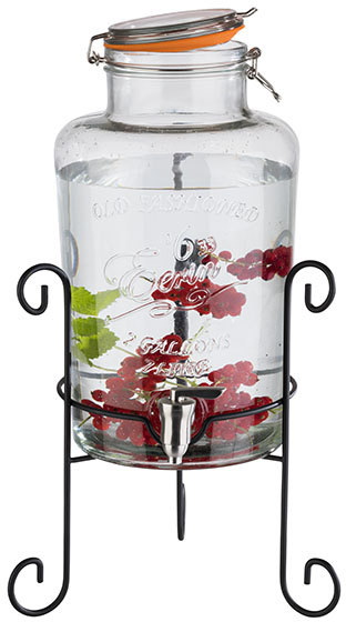 Getränkespender Ø 27 cm, H: 50,5 cm, 7 Liter Behälter aus Glas Zapfhahn aus Edelstahl Gestell aus Metall, schwarz -OLD