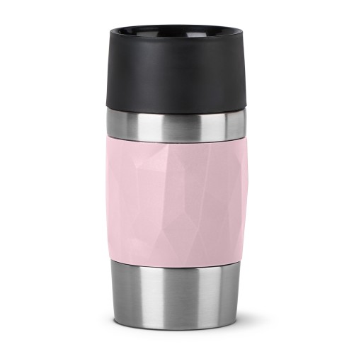 Emsa TRAVEL MUG COMPACT Isolierbecher 0,3 Liter, in der Farbe Rosa, aus Edelstahl, Auslaufsicher, mit Soft Touch Manschette und Drehverschluss,
