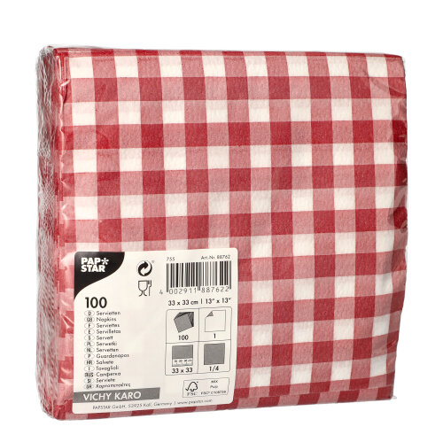 100 Servietten, 1-lagig 1/4-Falz 33 cm x 33 cm rot/weiss "Vichy Karo" von PAPSTAR