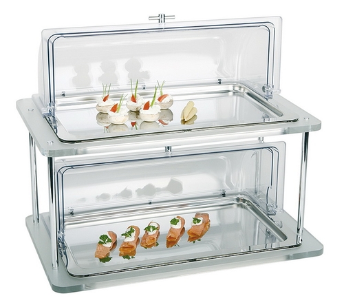 Bufett-Vitrine -DOPPELDECKER- 61 x 38 cm, Höhe 33 cm 18/10 Edelstahl, kühlbar 14-teilig 2 Tabletts GN 1/1(11100) 4 Kühlakkus