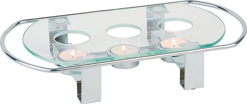 Speisenwärmer, 3-flammig 34 x 18 cm, H: 6 cm Metall verchromt Glasplatte stapelbar zerbrechlich Farbe: Transparent