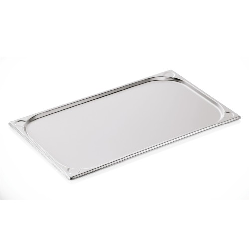 GN 1/1 Behälter, Materialstärke 0,6 mm, Randverstärkung durch geprägte U-Ecken. Material: Chromnickelstahl. Serie: GN 76. Inhalt in Litern: