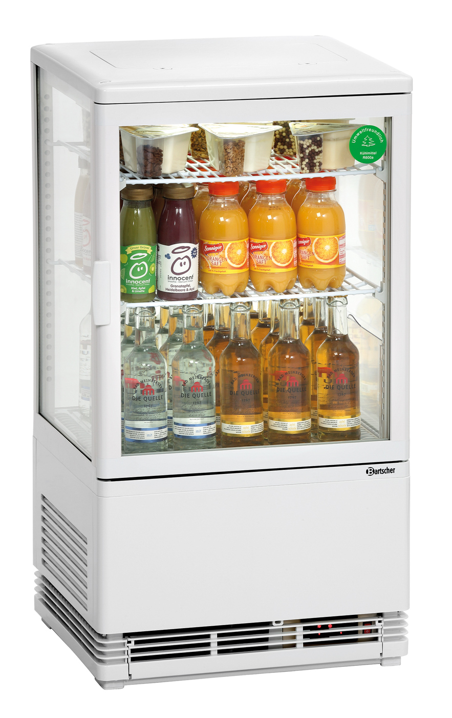 Bartscher Mini Kühlvitrine 58L, weiß | Art derVerglasung: Doppel-Verglasung | Maße: 43,5 x 38,5x 80,5 cm. Gewicht: 28,5 kg