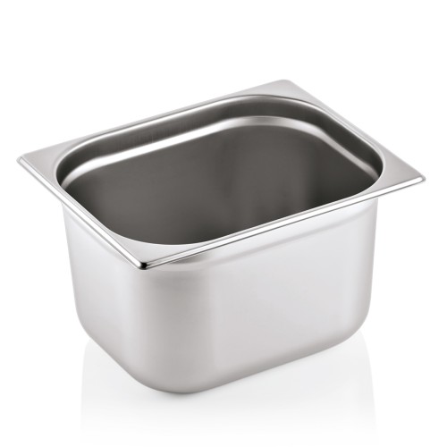 GN 1/2 Behälter, Materialstärke 0,7 mm. Material: Chromnickelstahl 18/8. Serie: GN 90. Inhalt in Litern: 11,5. Maße: Höhe: 200 mm