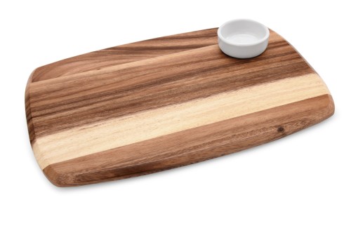 Dipschalen Set. Akazienholz. mit einer Porzellanschale. Maße: 36 x 25 x 1,5 LxBxH,