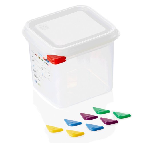 GN 1/6 Behälter, BPA frei, Deckel hermetisch schließend, Inklusive 5 Markierungs-Clips in den Farben: rot, blau, gelb, grün, lila, Behälter sind