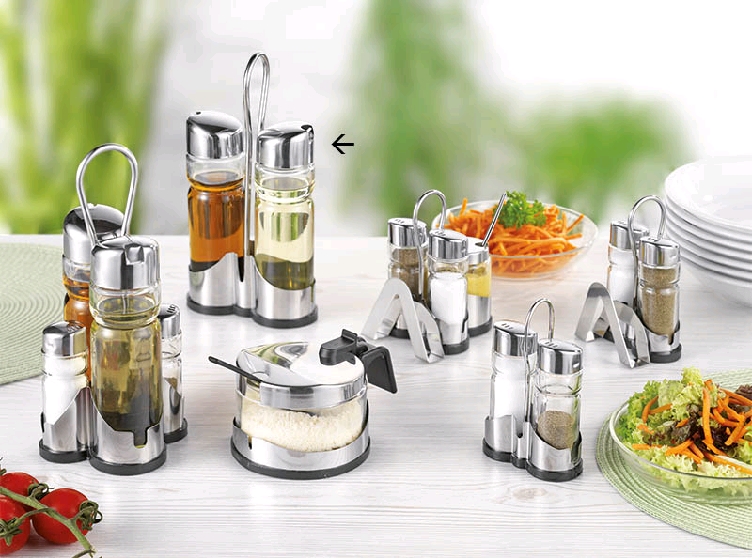 Menage Essig/Öl 3-tlg. NEW LINE, Länge: 11 cm, Breite: 5 cm, Höhe: 22 cm Gestell Edelstahl 18/0 mit schwarzem Kunststoff-