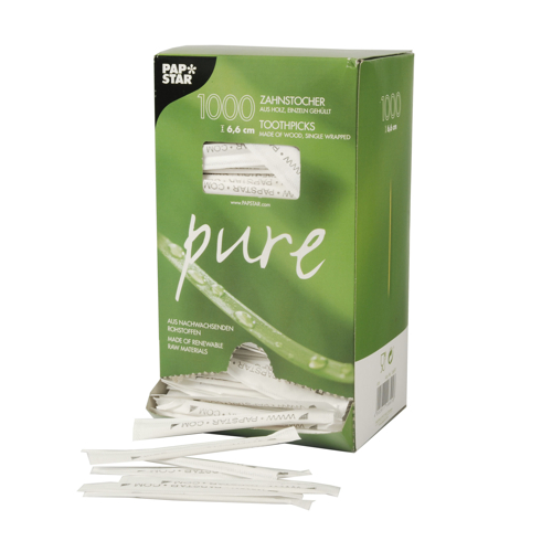 1000 Zahnstocher, Holz gehüllt "pure" rund 6,5 cm "www.PAPSTAR.com" von PAPSTAR