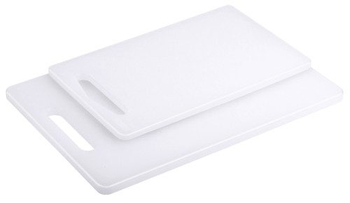 Schneidbrett mit Füßchen und ohne Griffloch aus weißem niederdichten Polyethylen, nichttoxisch, hitzebeständig bis +90C,