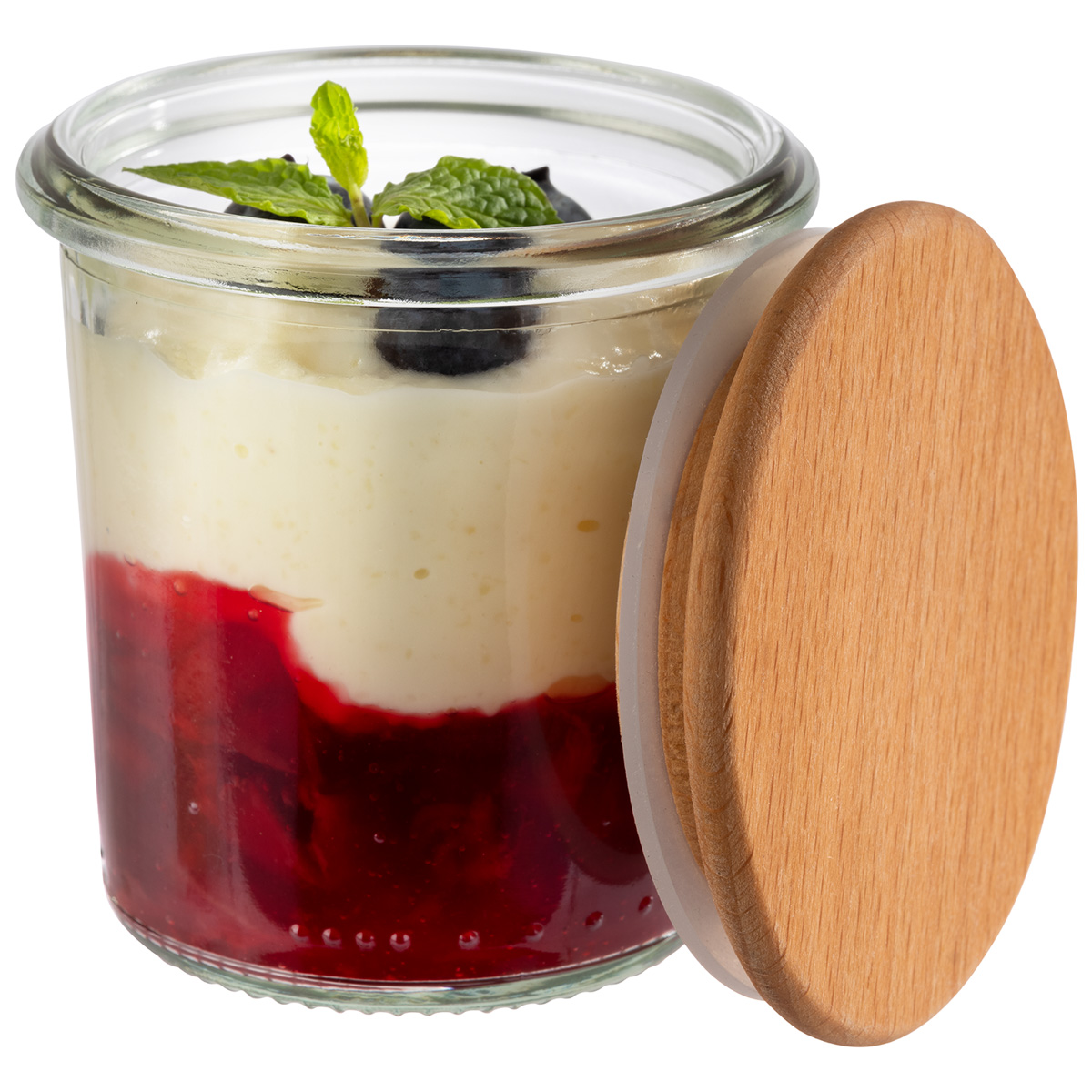 12 Weck-Gläser mit APS Deckel, Gläser: Ø 6 cm, H: 7 cm, Mini-Sturz-Form 140 ml, Deckel: Ø 7 cm, H: 1,5 cm, Buchenholz, mit Silikondichtung