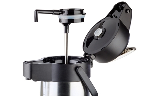 Pump-Isolierkanne -PREMIUM- Ø 15 cm, H: 37 cm, 3 Liter 18/8 Edelstahl, Polypropylen mattiert, doppelwandig Tragegriff,