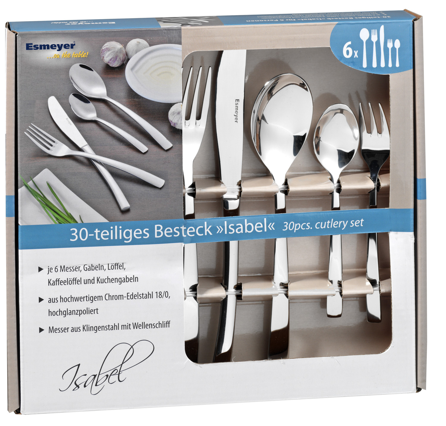 30-teiliges Besteck ISABEL aus Edelstahl 18/10, poliert, Messer aus Klingenstahl.