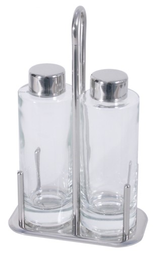 Menage 2-teilig Essig  Öl, aus Edelstahl 18/10, hochglänzend, mit schweren, glatten Glaseinsätzen Länge: 15 cm, Breite: 9 cm,
