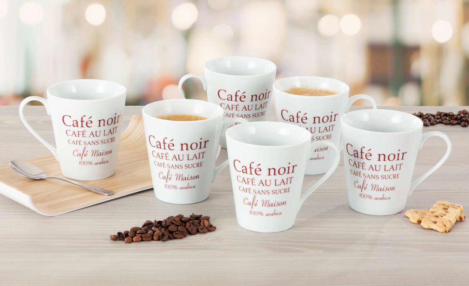 Kaffeebecher "FAKT", Inhalt: 0,25 ltr., dünnwandiger, feiner Henkelbecher aus weißem Porzellan, mit Druck "Café noir"