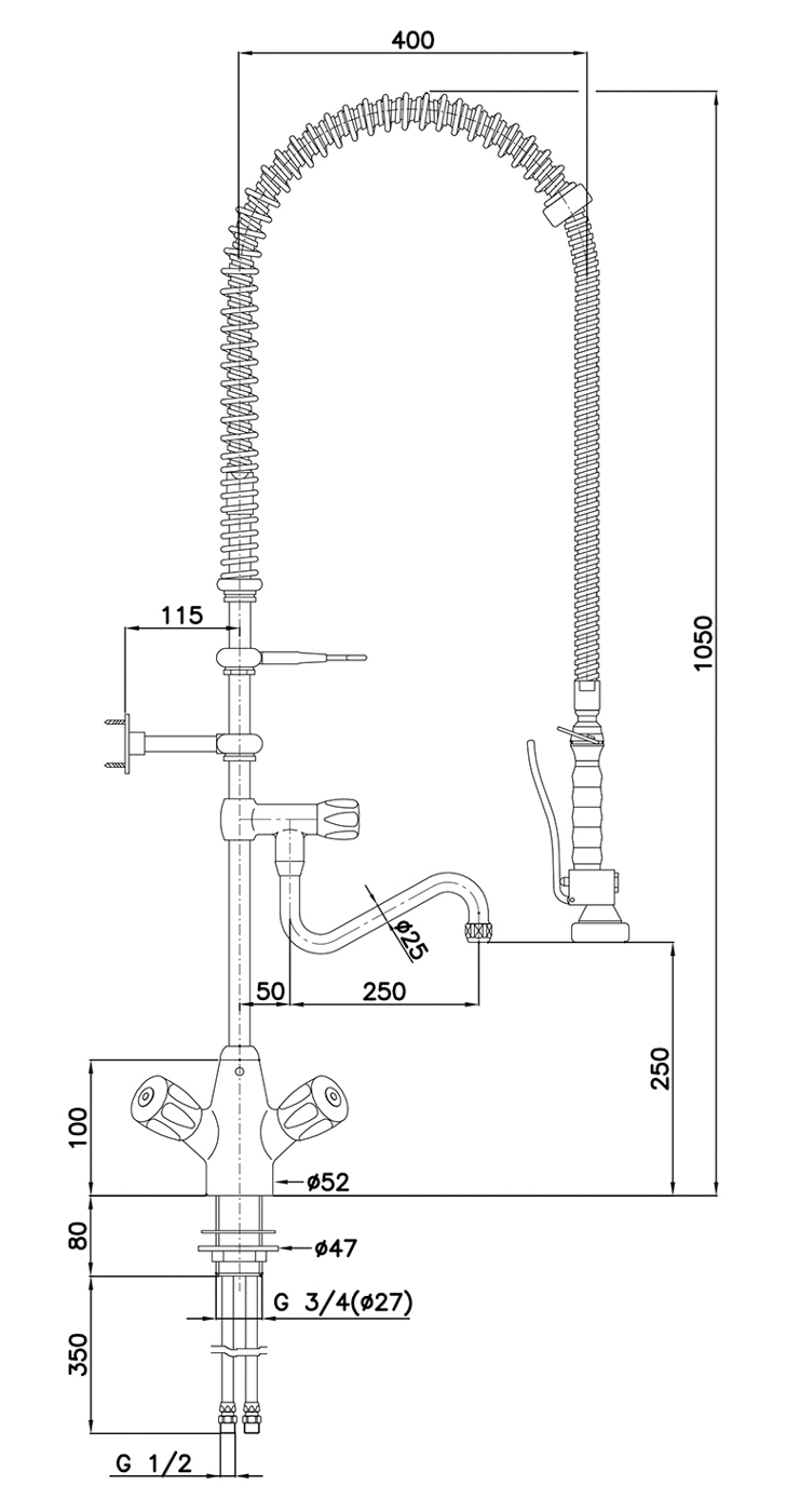 Bartscher Zweigriffmischer 26L-1801B | Durchflussbei 3 bar: Auslaufmenge: 16 L / Min.,Strahlregler: 26 L / Min | 51,5 x 41,5 x 1430
