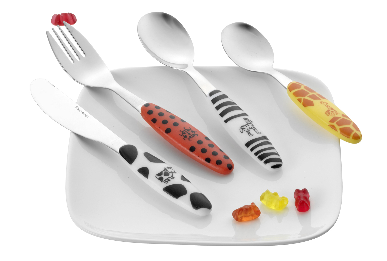 4-teiliges Kinderbesteck SAFARI, aus Edelstahl 18/0, poliert. Messer aus Klingenstahl. Griffe aus ABS-Kunststoff, mit Tiermotiven bedruckt.