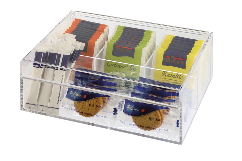 Teebox/Multibox DARJEELING, Maße: 220x170mm, Höhe 8,5cm, Acryl, 3 Fächer für kuvertierte Tee- beutel, sowie Platz für Zuckersticks/Einzelgebäck.