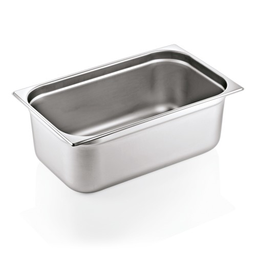 GN 1/1 Behälter, Materialstärke 0,7 mm. Material: Chromnickelstahl 18/8. Serie: GN 90. Inhalt in Litern: 28. Maße: Höhe: 200 mm