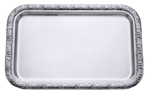 Tablett ohne Griffe, rechteckig, aus Edelstahl 18/10, mit verziertem, hochglänzendem Rand, Bodenfläche seidenmatt, schwere Qualität