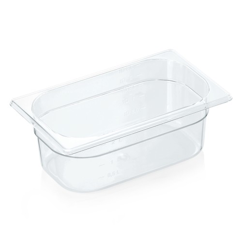 GN 1/4 Behälter, mit Skalierung. Material: Polycarbonat. Serie: GN 94. Inhalt in Litern: 2,6. Maße: Höhe: 100 mm