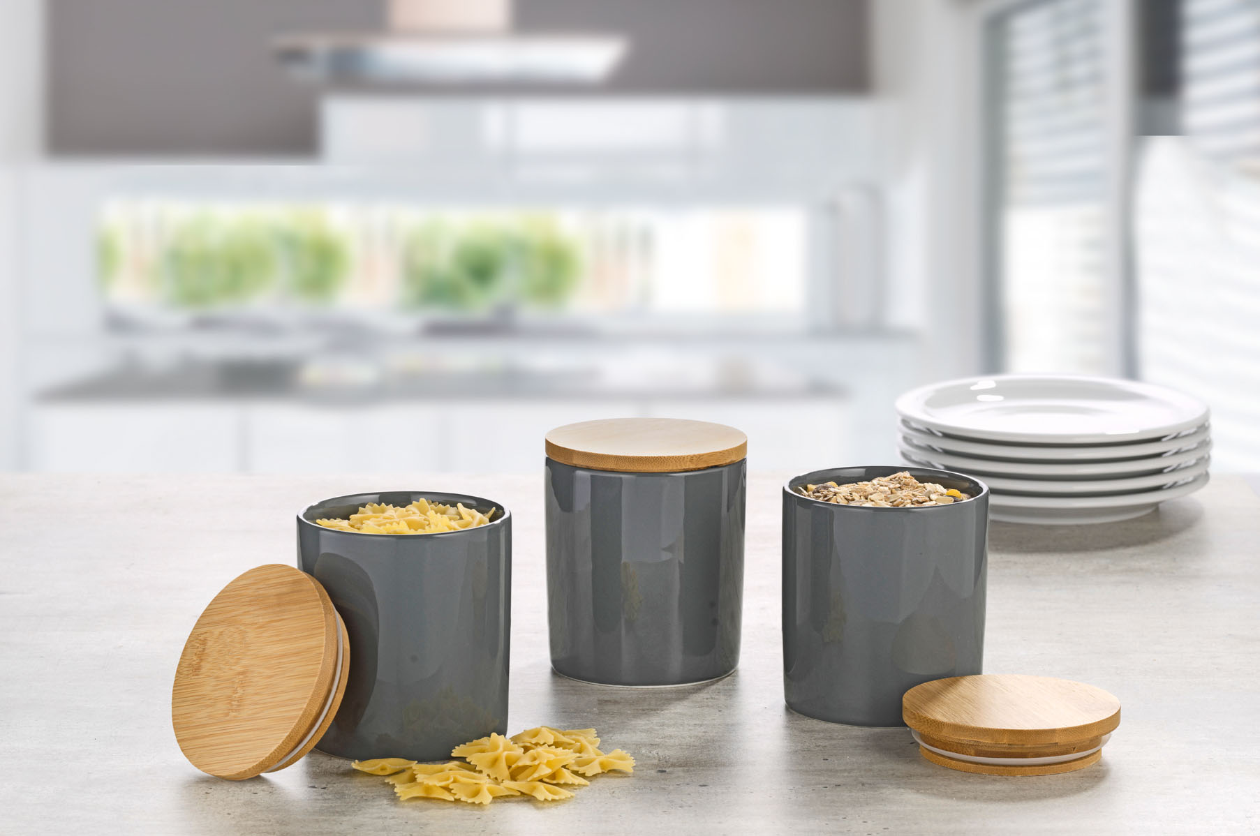 3-teiliges Vorratsdosen-Set GRENOBLE, Höhe 12 cm aus Porzellan, Farbe: Anthrazit.