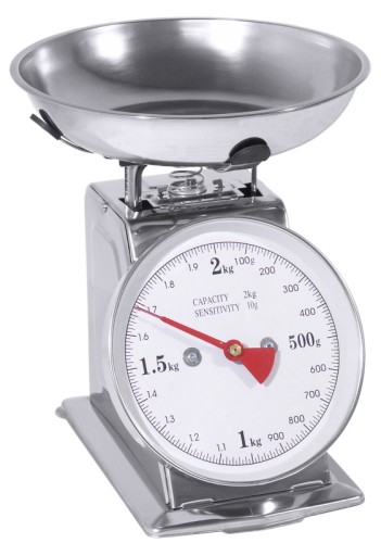 Küchenwaage grau lackiertes Stahlgehäuse Schale aus Edelstahl, hochglänzend, Nutzlast bis 2 kg, skaliert in 10 g-Schritten,