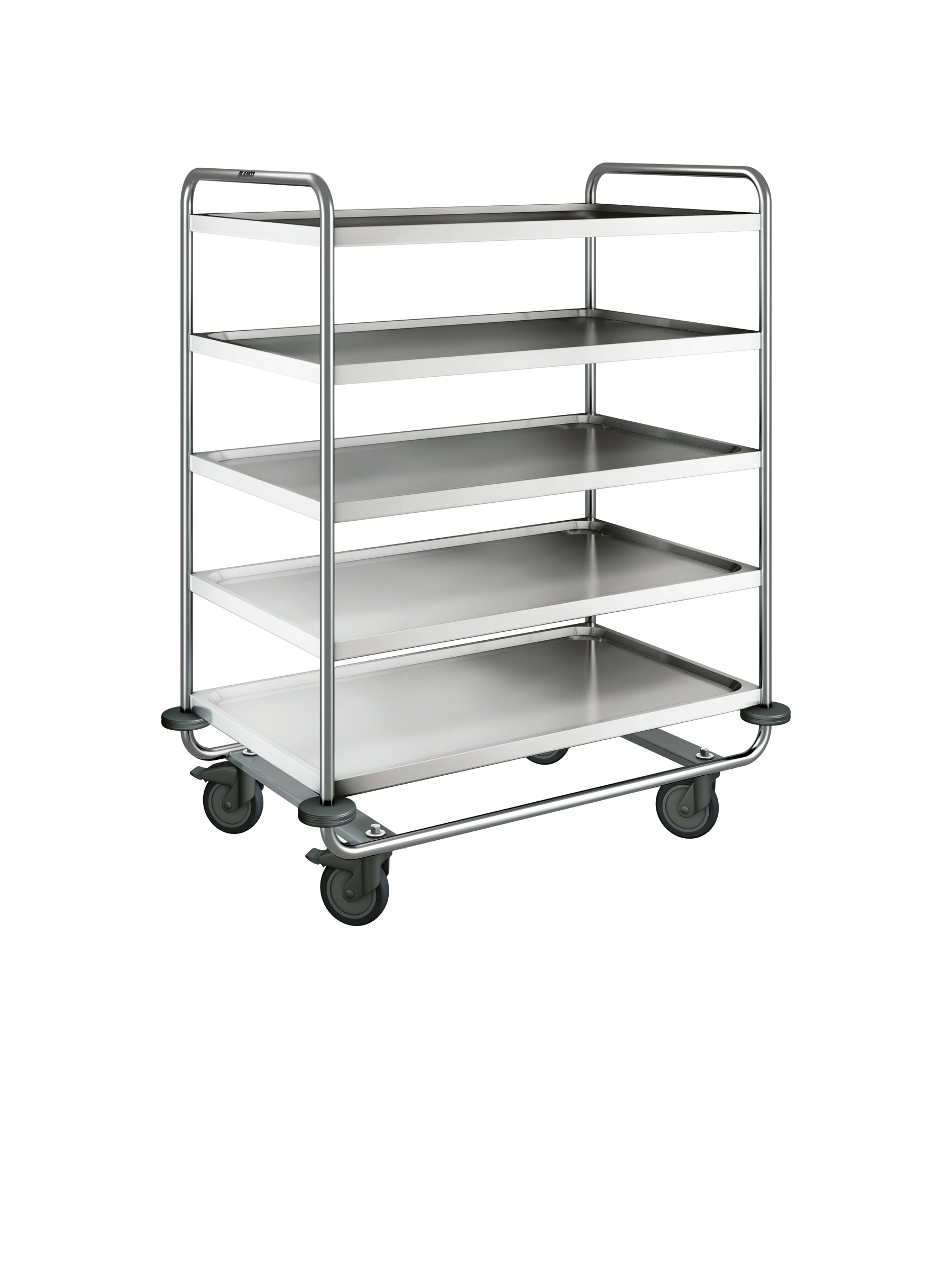 BLANCO Servierwagen aus rostfreiem Edelstahl mit Kunststoffrollen, 4 Lenkrollen Ø 125 mm, davon 2 mit Feststeller, Maße der Borde: 5 Borde 1000 x