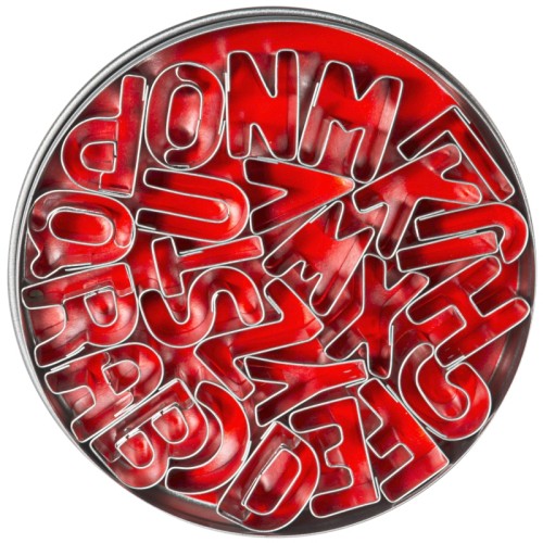 Ausstechformen  Buchstaben aus Weißblech, 26 Buchstaben komplett in der Dose (Ø 12,5 cm) Länge: 25 mm, Höhe: 20 mm