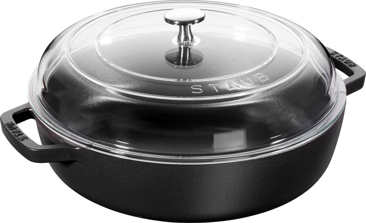 Schmorpfanne mit Glassdeckel, 28 cm, rund, Gusseisen, Schwarz, Serie: Braisers. Marke: Staub