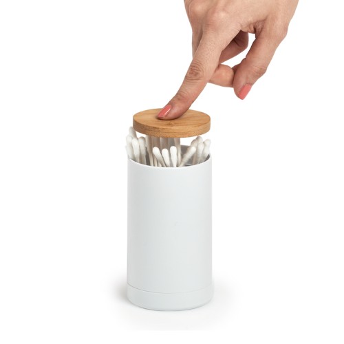 Wattestäbchen-Spender, Kunststoff/Bambus, weiß. Ø: 65 mm. Höhe: 110 mm.