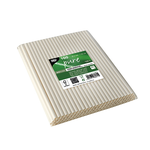 100 Trinkhalme, Papier "pure" Ø 6 mm · 20 cm weiss flexibel von PAPSTAR