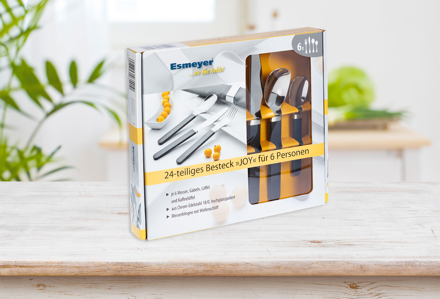 24-tlg. Besteck JOY, aus Edelstahl 18/10, poliert, mit schwarzen Kunststoffgriffen. Messer aus Klingenstahl.
