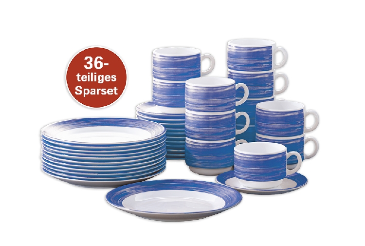 36-teiliges SPARSET BRUSH Bluejean/ Dunkelblau von arcoroc. Hartglasgeschirr aus Opalglas mit farbigem Dekor, spülmaschinengeeignet