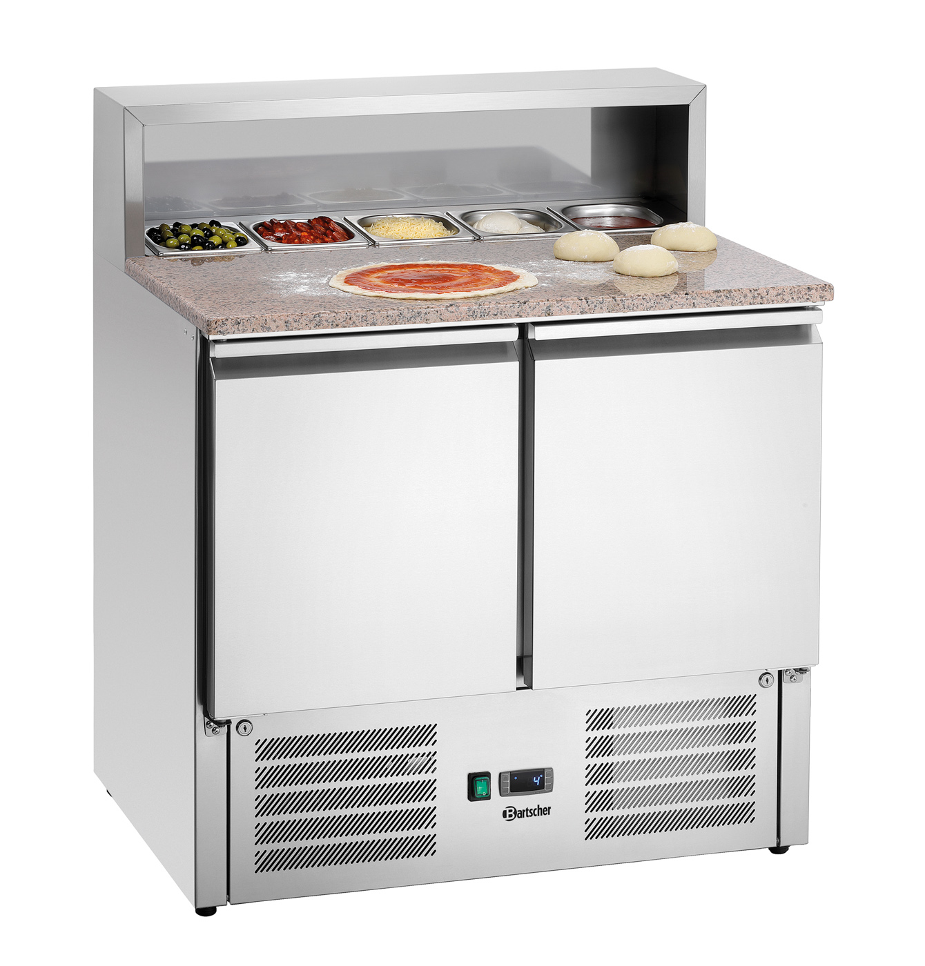 Bartscher Pizza-Saladette 900T2 | TiefeGN-Behälter max.: 150 mm | Maße: 90 x 70 x 117,5cm. Gewicht: 91 kg