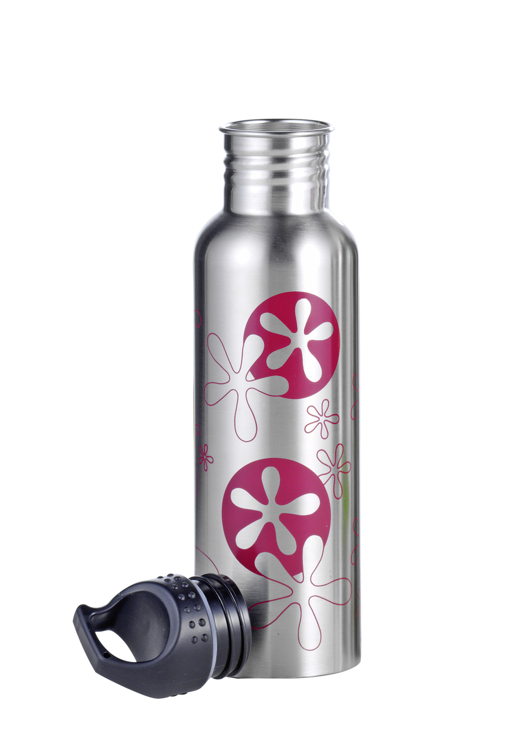 Trinkflasche SASCHA aus Edelstahl 18/10, matt gebürstete Oberfläche mit lilafarbenem Druck. Volumen ca. 0,75 Liter.