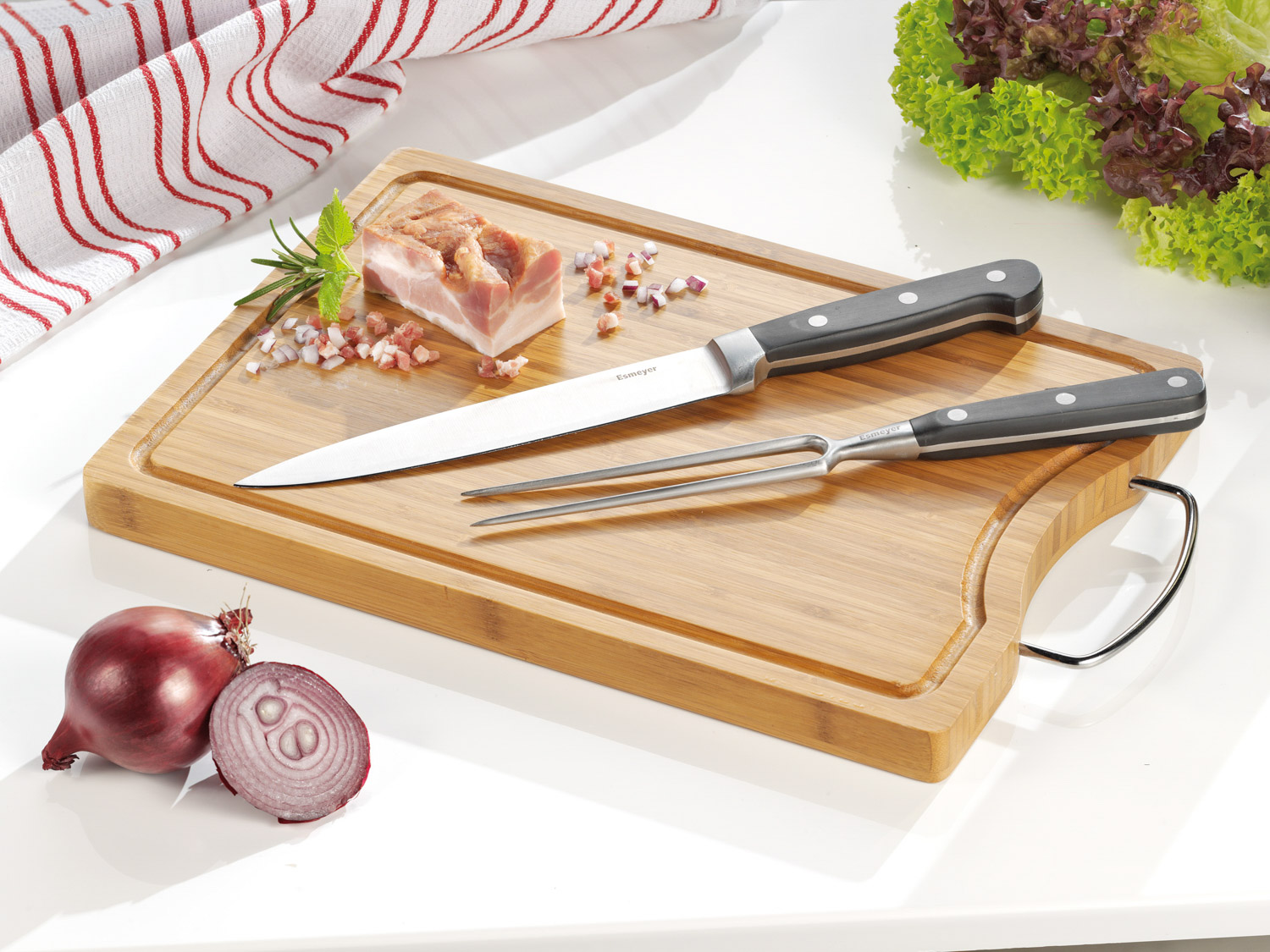 3-tlg. Tranchier-Set ARNOLD, mit Bambus-Brett, best. aus je 1 Tranchiergabel u. Tranchiermesser aus Edelstahl, durchgehender Erl.