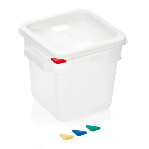 HACCP Vorratsbehälter, mit farbigen HACCP Clips, mit Skalierung und Griffen. Material: Polyethylen, Polypropylen. Inhalt in Litern: 4.