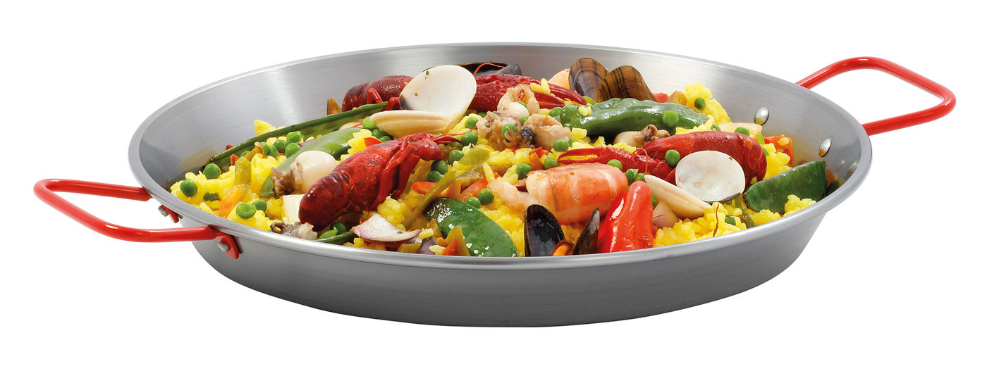 Bartscher Paella-Pfanne STP340 |Griff-Eigenschaften: Hitzebeständig ,Rot lackiert| Maße: 45 x 34 x 4,5 cm. Gewicht: 0,76 kg