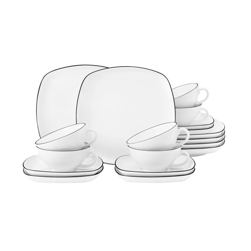 Seltmann Teeservice 18-teilig eckig klein, eckig, Form: Lido, Dekor: 10826 Black Line, hohe Kantenschlagfestigkeit, Made in Germany