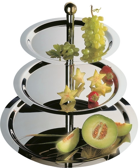 Etagère, 3-stufig -FINESSE- Ø 48/38/32 cm, H: 50 cm 18/0 Edelstahl Rohre hochglanzverchromt vergoldeter Messing-Kugelgriff