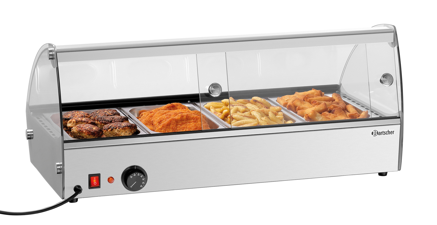 Bartscher Heiße Aufsatzvitrine R4 4 x 1/3 GN |Temperaturbereich von: 30 °C | Maße: 77,5 x 42 x33,5 cm. Gewicht: 16,2 kg
