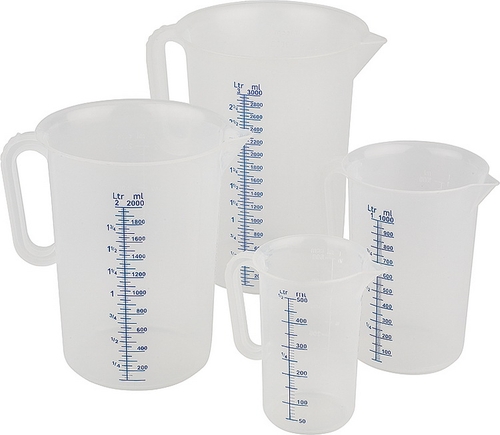 Messbecher -PRO- Ø 9 cm, H: 14 cm, 0,5 Liter Polypropylen mit geschlossenem Griff geprägte Maßskalierung außen Liter- /