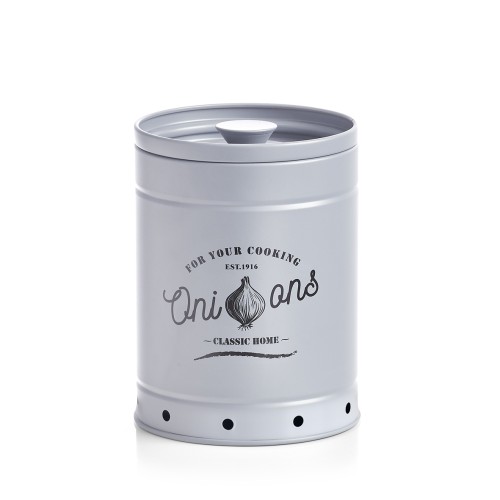 Vorratsdose, Metall, Ø13,7x18,4 cm. Farbe: grau Die vielseitig einsetzbare Zwiebel steht bei fast allen herzhaften Gerichten auf der Zutatenliste.