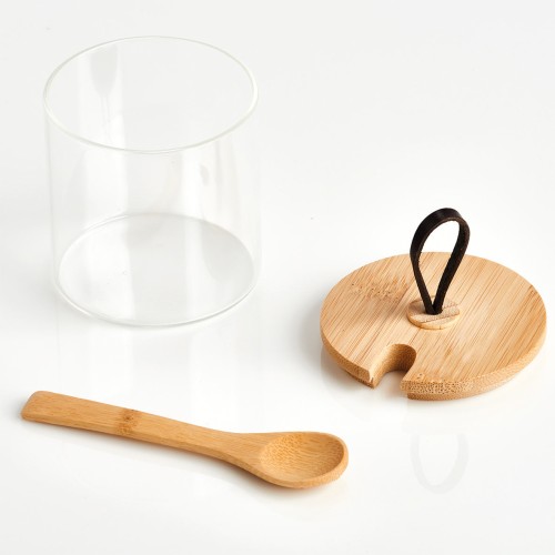 Vorratsglas m. Löffel und Bambusdeckel, 320 ml. Ø: 80 mm. Höhe: 85 mm.
