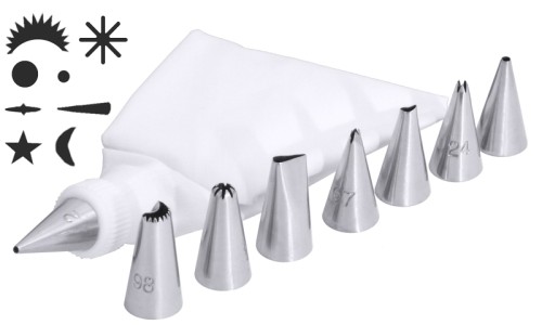 Dekor-Spritztüllenset 8 nahtlose Mini-Spritztüllen aus Edelstahl 18/10, mit einem Nylon-Spritzbeutel, seidenmatt gebürstet,