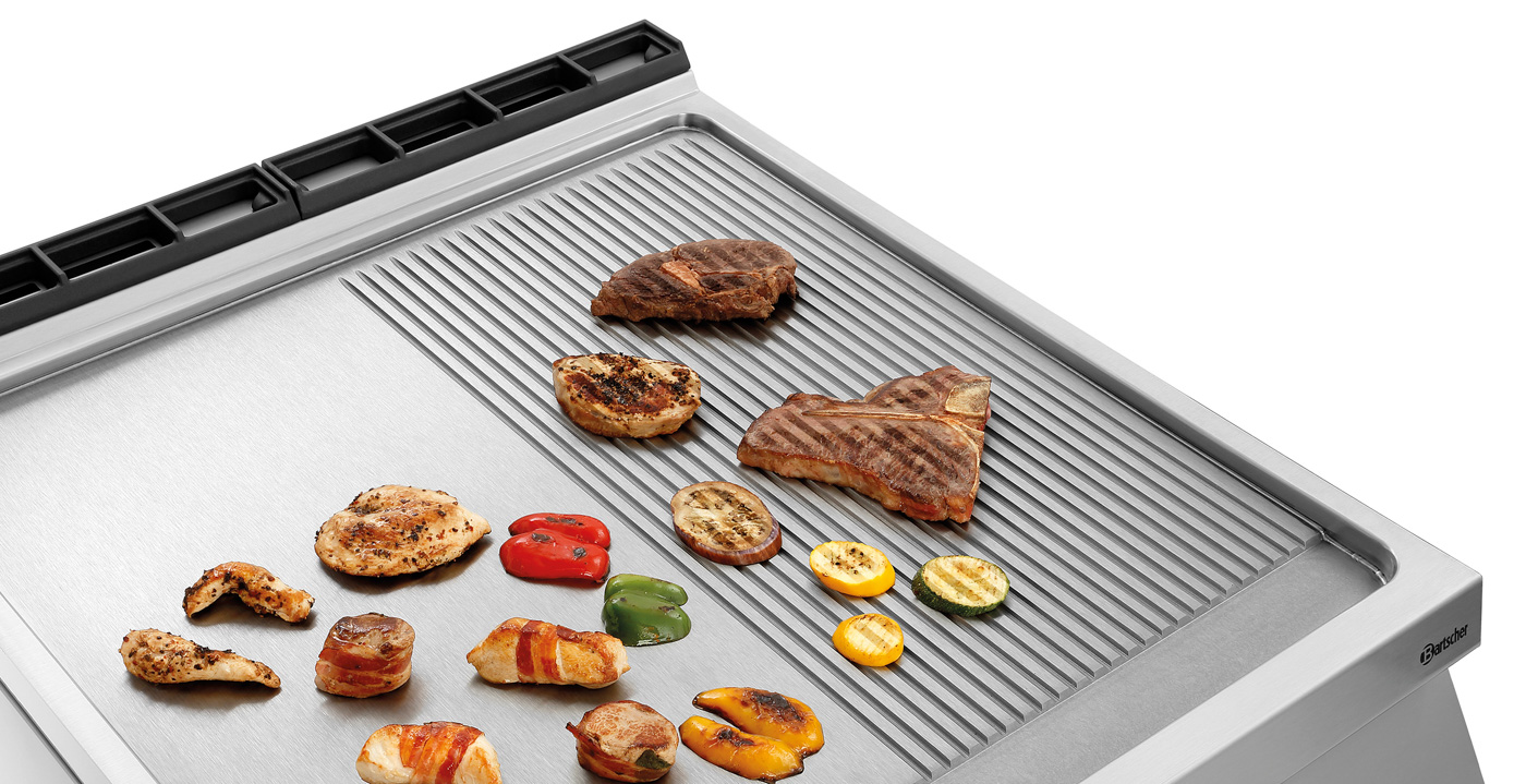 Bartscher Gas-Griddleplatte, 1/2 + 1/2, OU |Höhenverstellbar bis: 950 mm | Maße: 80 x 90 x90,0 cm. Gewicht: 115,2 kg