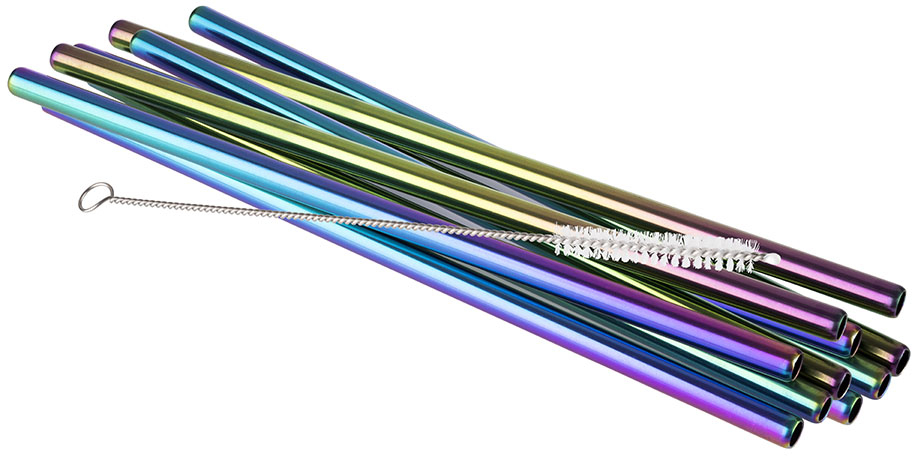 Trinkhalme 11er Set Ø 8 mm, Länge: 21,5 cm 18/8 Edelstahl,Regenbogen-Look Inhalt: - 10 Trinkhalme - 1 Reinigungsbürste