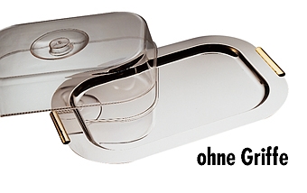 Tablett mit Haube -FINESSE- 42 x 31 cm, H: 8,5 cm 18/0 Edelstahl Haube aus Polystyrol ohne Griffe stapelbar