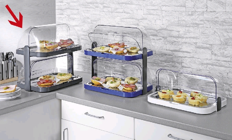 Buffet-Doppeldecker-Vitrine KNUT, schwarz, Maße: ca. 44 cm x 32 cm, Höhe 44 cm, platzsparend zerlegbar, incl. Kühlakkus,